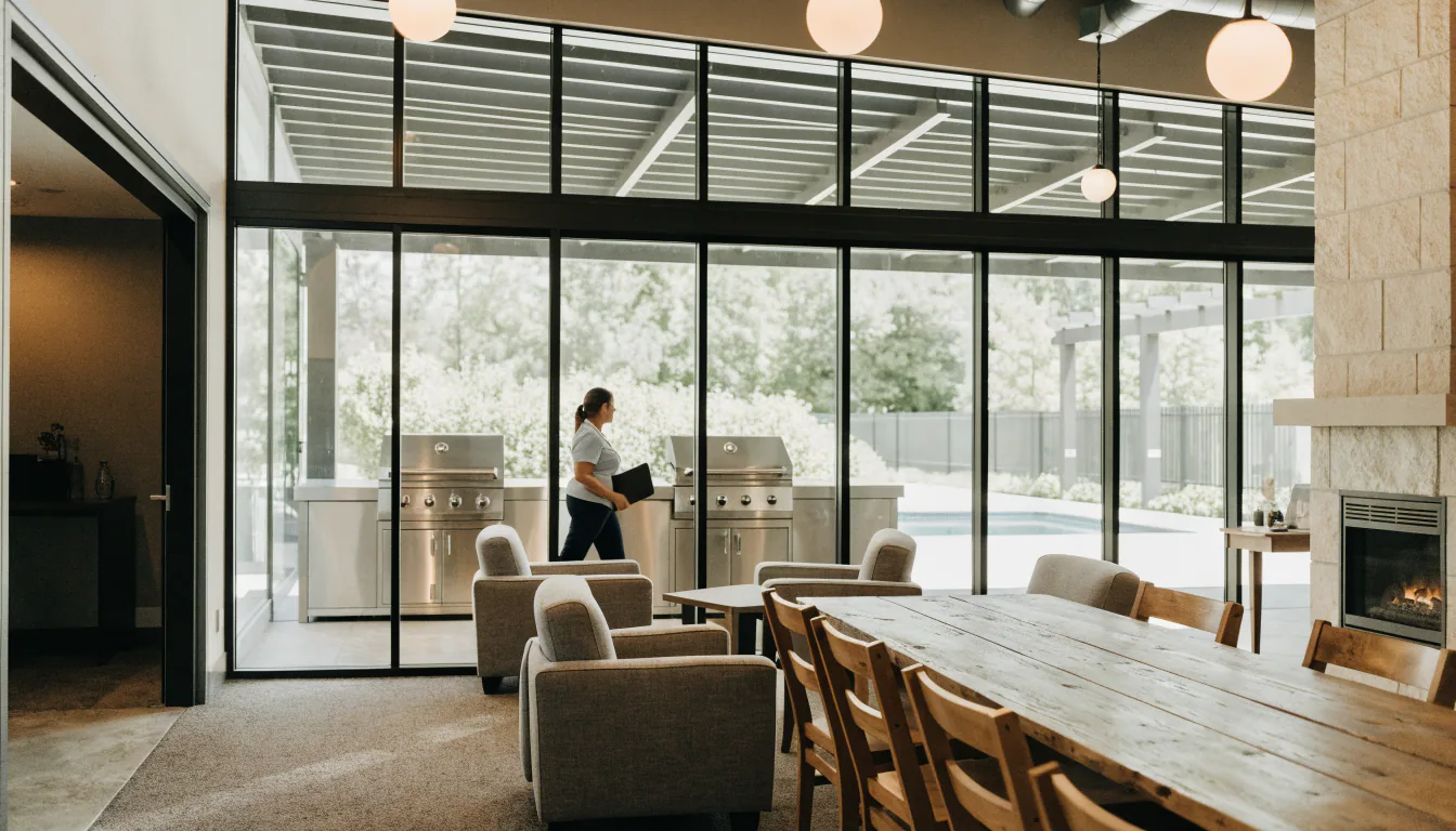 Community manager walking the clubhouse and courtyard of an apartment community — Integrity Staffing Group