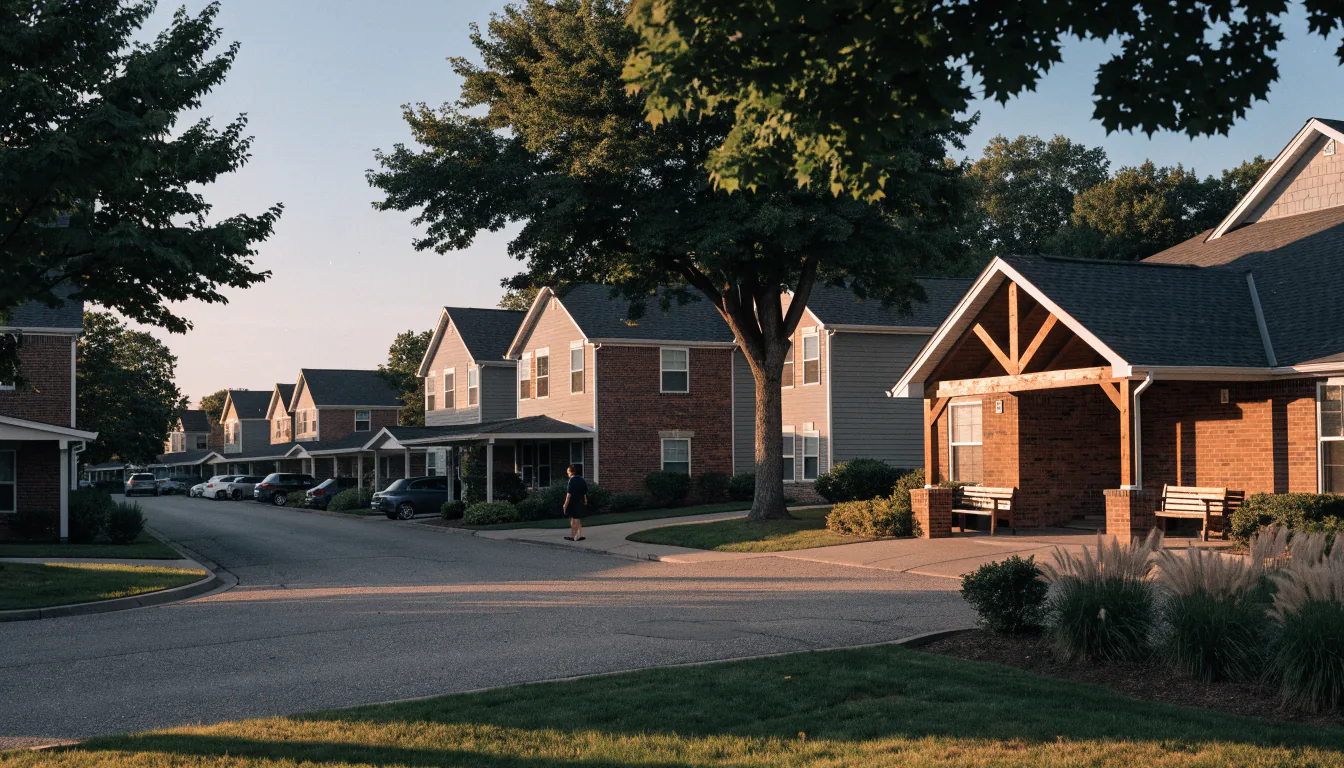 Garden-style apartment community and leasing office entrance — Integrity Staffing Group