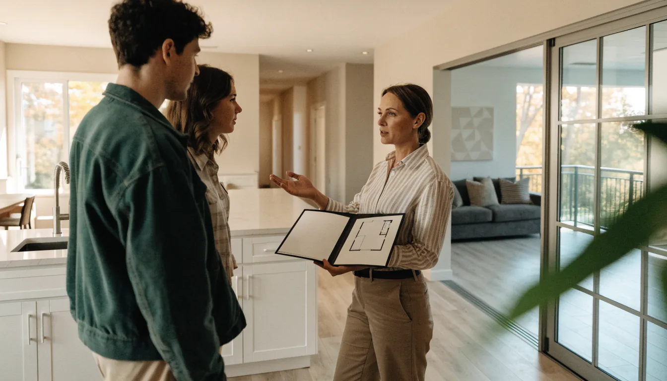 Leasing consultant walking prospective residents through a floor plan in a model unit — Integrity Staffing Group