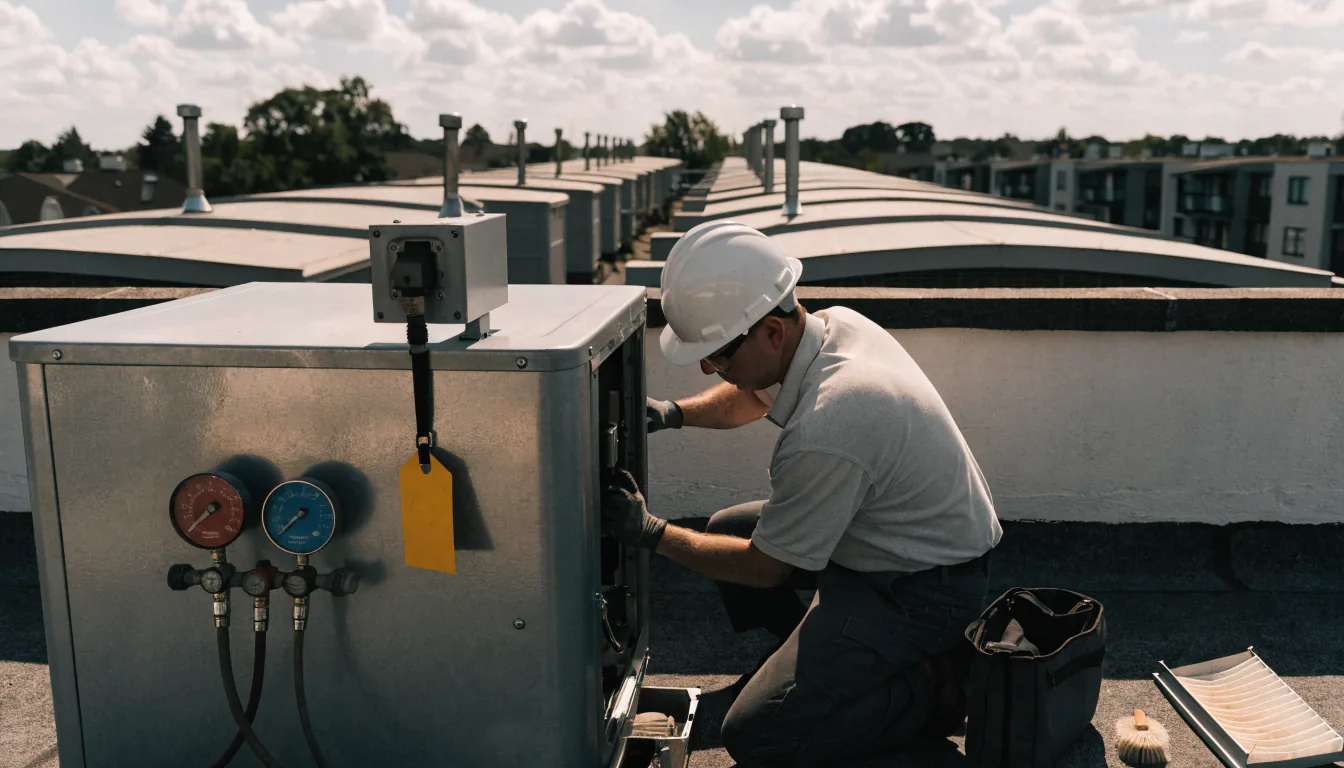 Maintenance technician servicing a rooftop condensing unit on an apartment building — Integrity Staffing Group