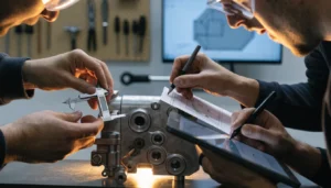 Engineers examining a prototype assembly at a bench in an automotive tech center — Integrity Staffing Group