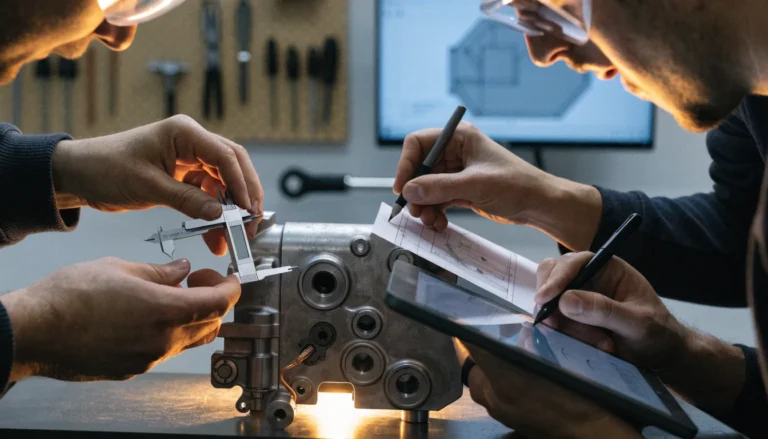 Engineers examining a prototype assembly at a bench in an automotive tech center — Integrity Staffing Group