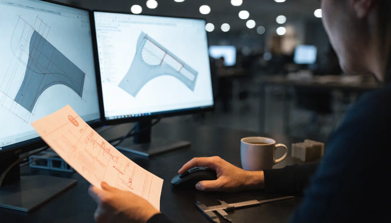Design engineer modeling a surfaced part on dual CAD monitors — Integrity Staffing Group