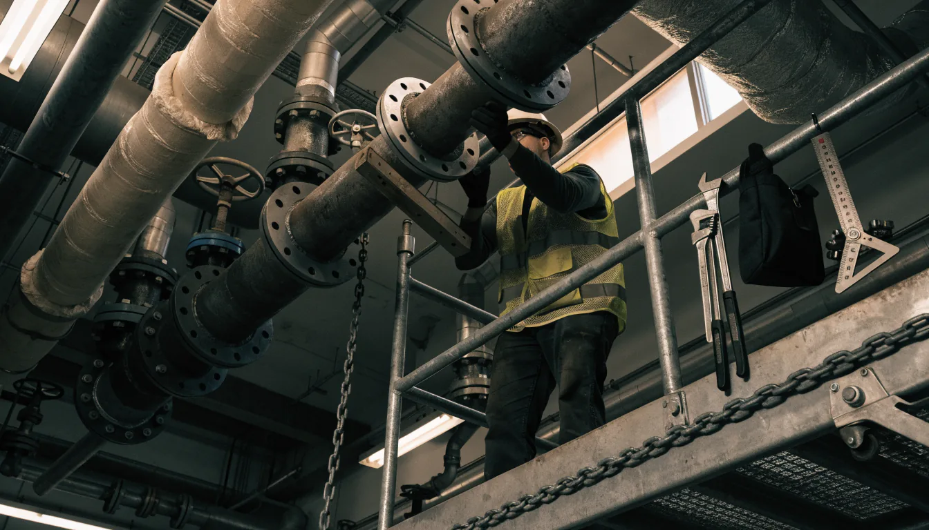 Pipe fitter aligning a flanged spool on overhead process piping — Integrity Staffing Group