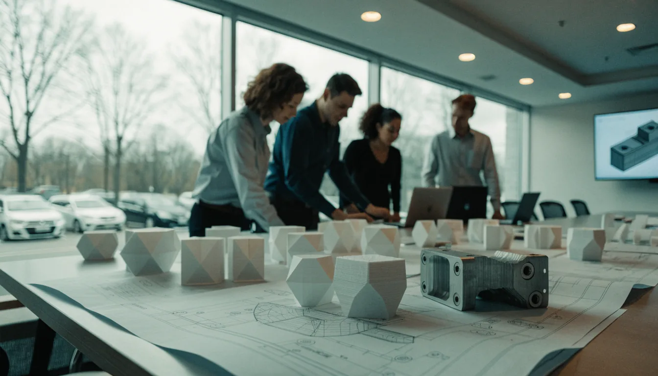 Product development team in a design review around prototype parts and drawings — Integrity Staffing Group