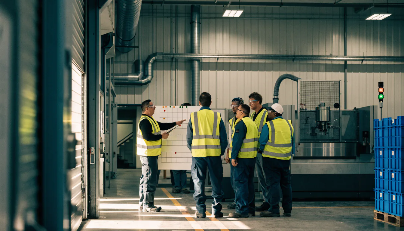 Production supervisor leading a shift-start huddle at a plant floor board — Integrity Staffing Group