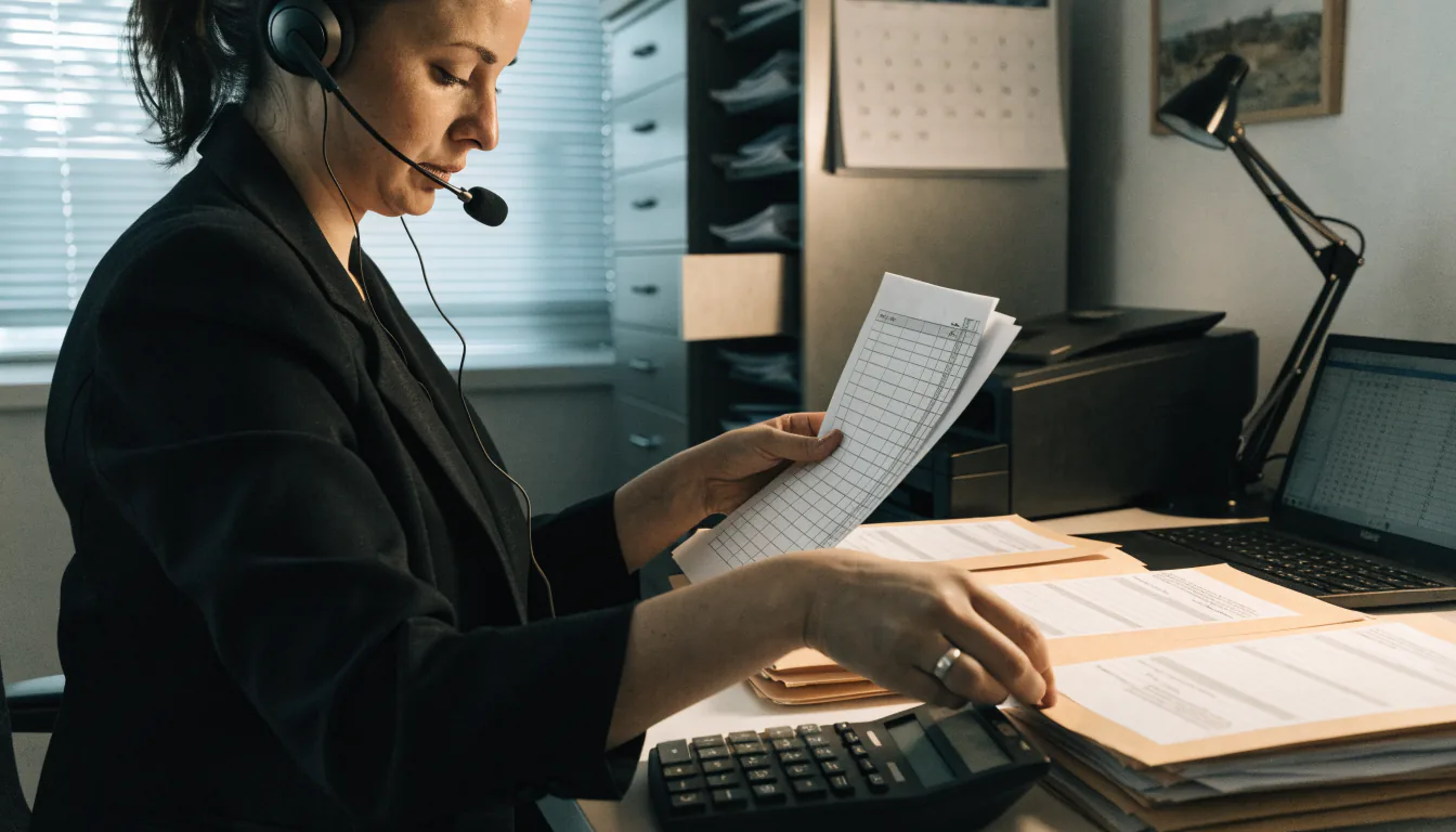 Assistant property manager working delinquency paperwork at an office workstation — Integrity Staffing Group