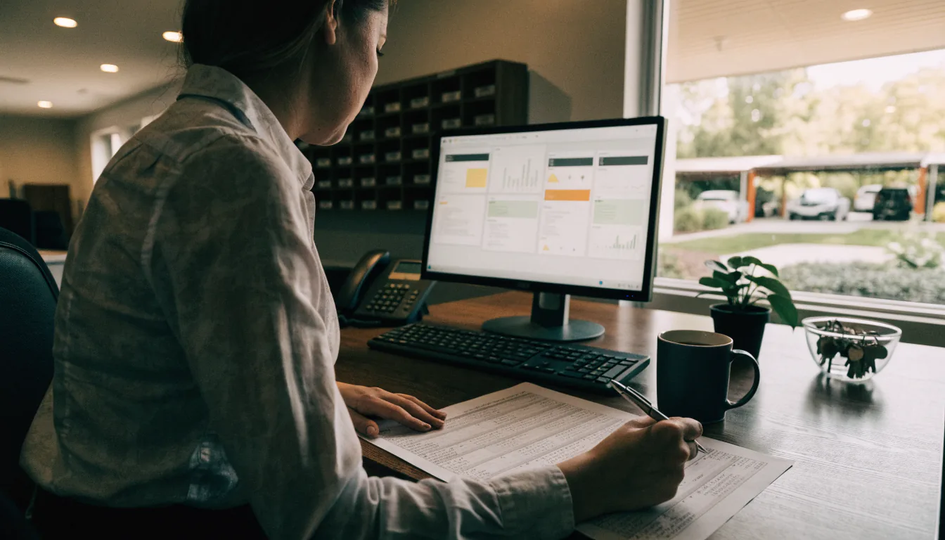 Property manager reviewing occupancy reports in an apartment leasing office — Integrity Staffing Group