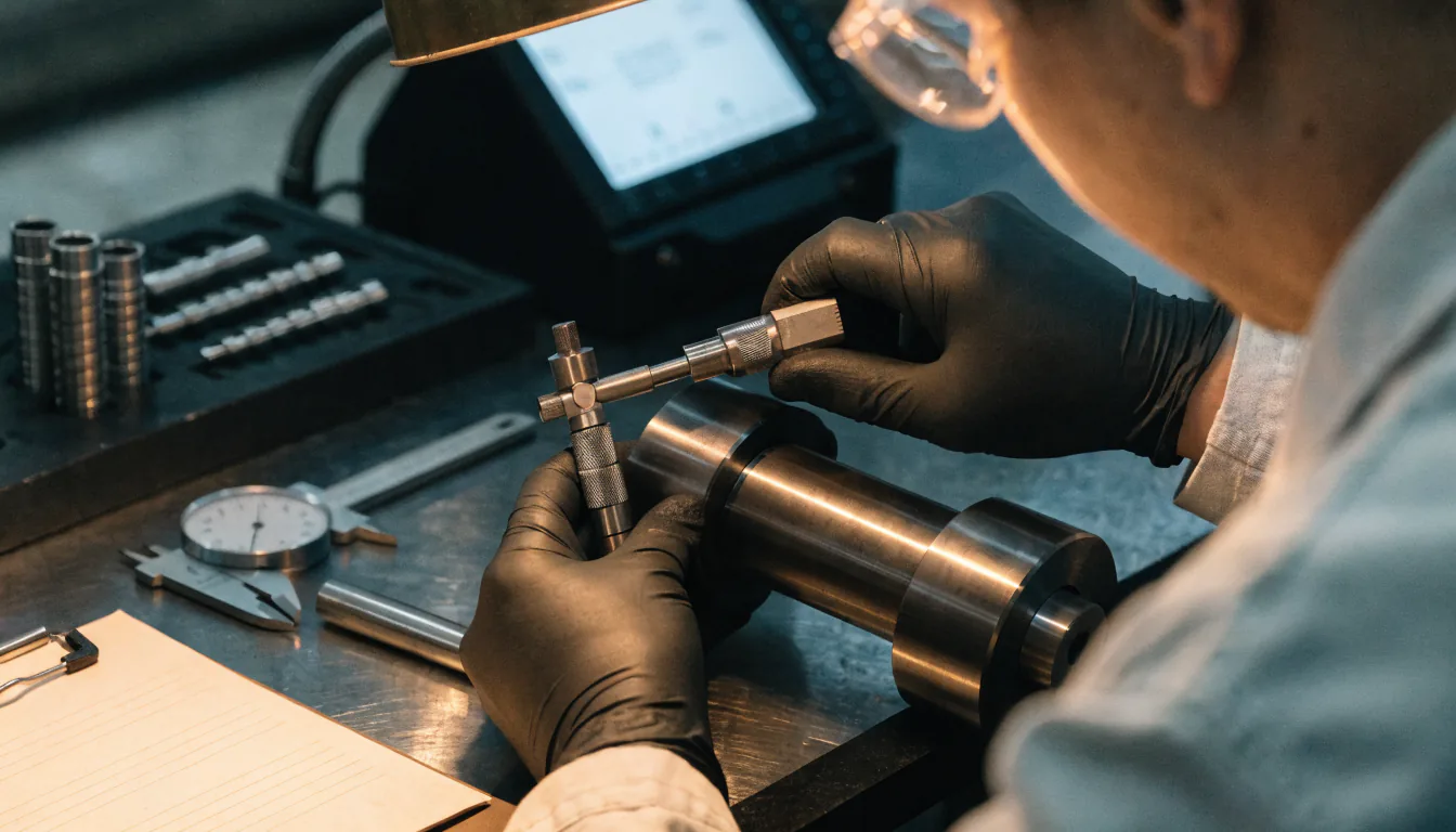 Quality inspector measuring a machined part with a micrometer at an inspection bench — Integrity Staffing Group