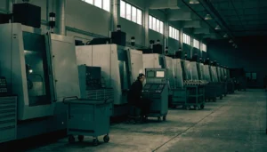Machine shop floor with a single operator among idle machines — Integrity Staffing Group
