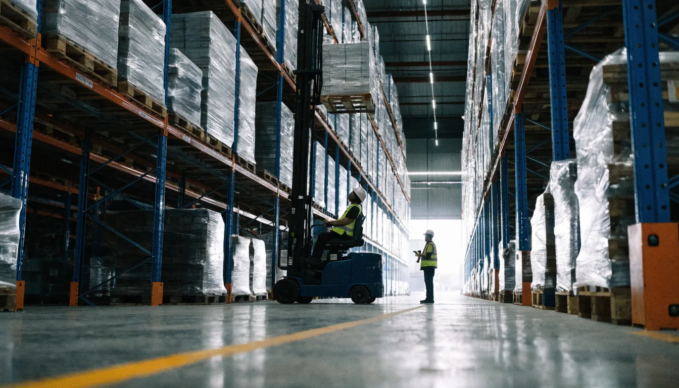 Reach truck operator placing a pallet in high racking in a distribution warehouse — Integrity Staffing Group