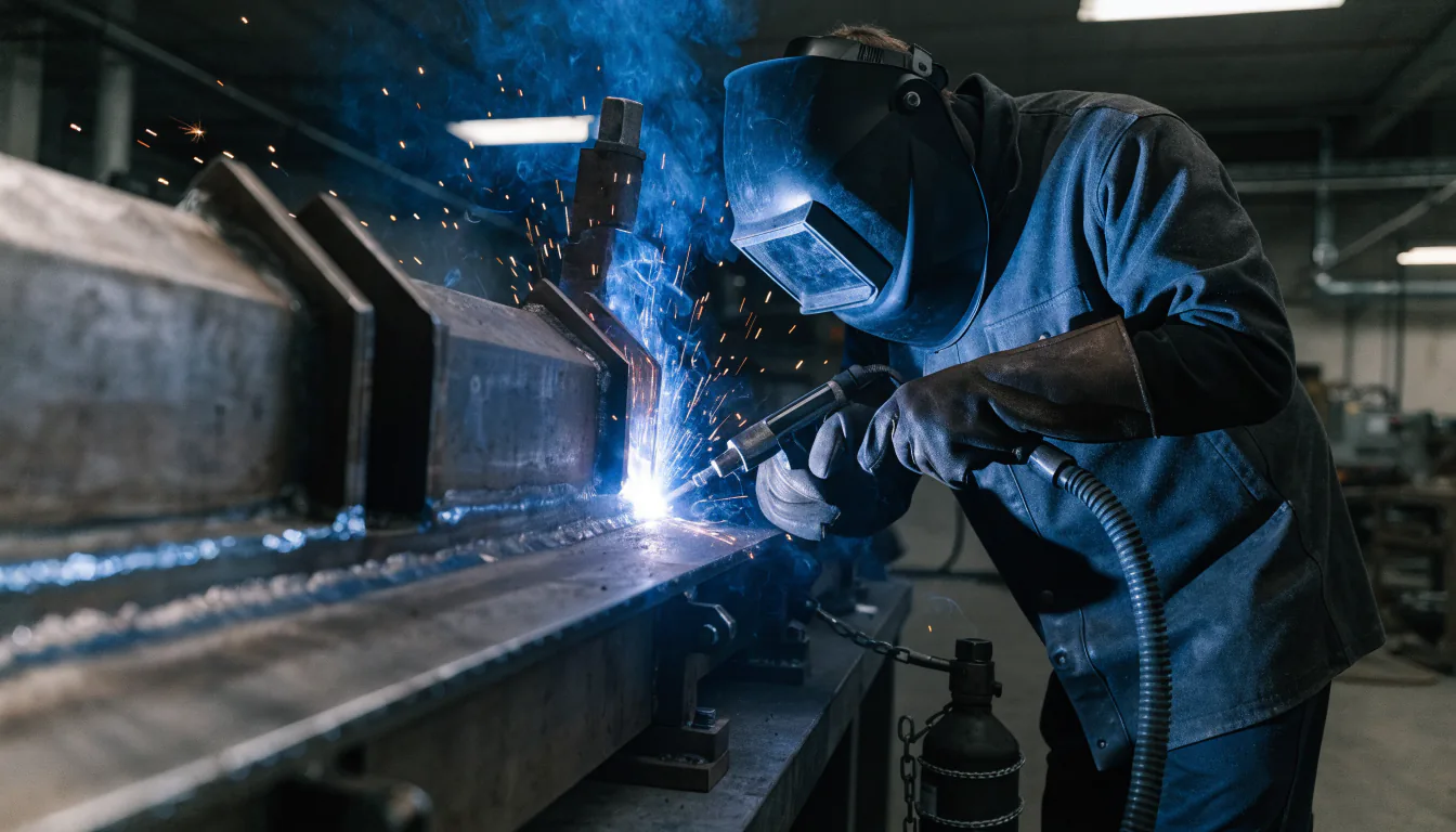 Welder running a MIG bead on a steel weldment in full protective gear — Integrity Staffing Group