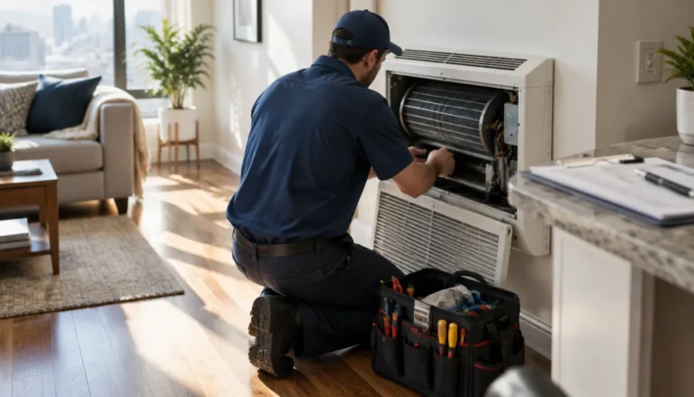 Apartment maintenance technician servicing an HVAC unit inside an occupied unit — Integrity Staffing Group