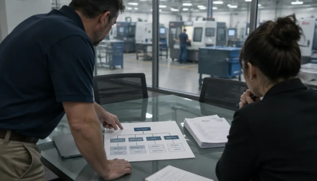 Plant manager reviewing resumes with a colleague in a small manufacturer's office — Integrity Staffing Group